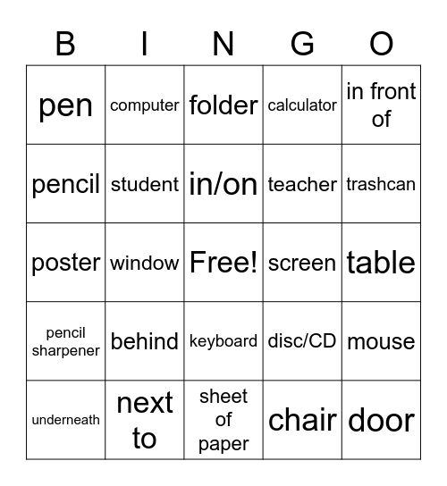 In the Classroom Bingo Card