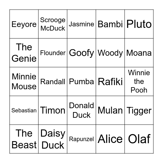 Disney Characters Bingo Card