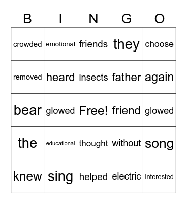 Words Bingo Card