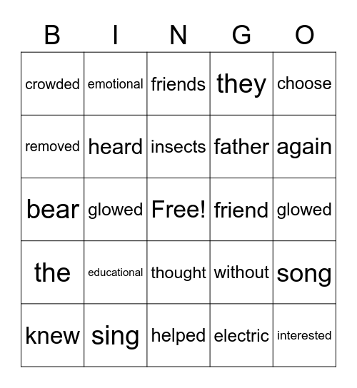 Words Bingo Card