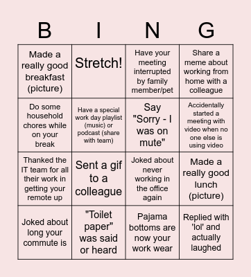 Remote Work Bingo Card