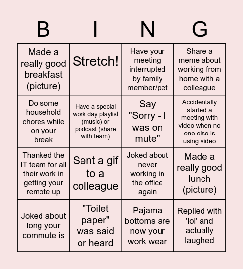 Remote Work Bingo Card
