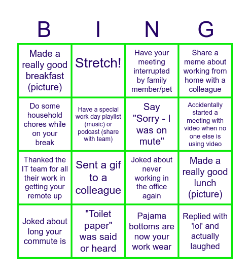 Remote Work Bingo Card