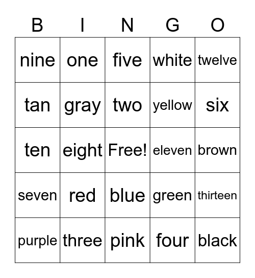Color/Number Words Bingo Card
