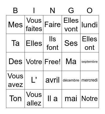 Vocabulaire - Unité 1 - Français avec Lefort Bingo Card