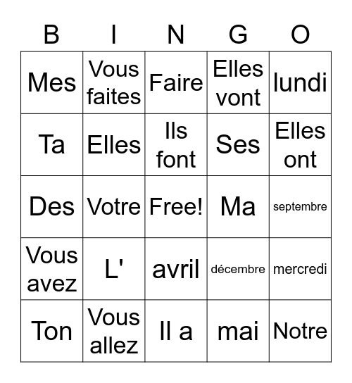 Vocabulaire - Unité 1 - Français avec Lefort Bingo Card