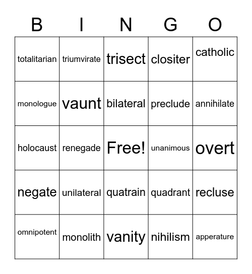 Roots 1 - 4 Bingo Card