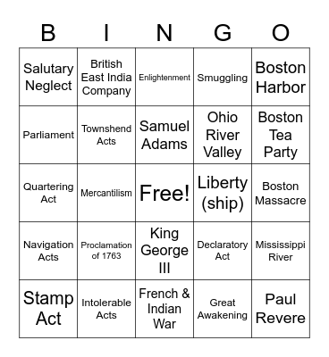 Road To the American Revoluiton Bingo Card