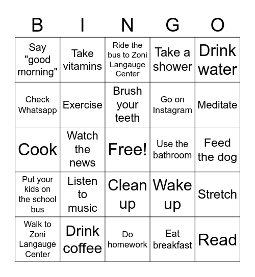 Morning Tasks Bingo Card
