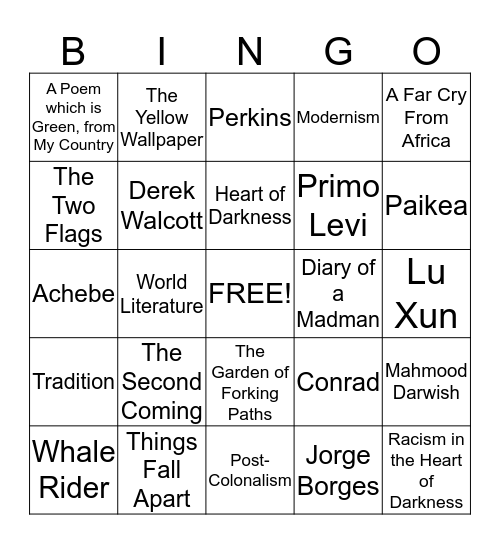 Modernism to Post-Colonalism Bingo Card