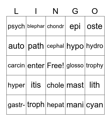 Medical Terminology 1-3 Bingo Card