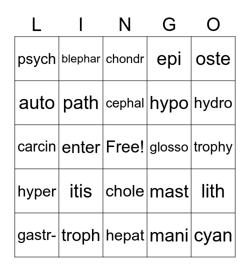 Medical Terminology 1-3 Bingo Card