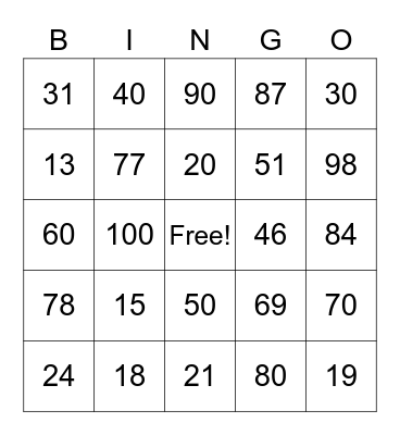 Chinese numbers Bingo Card