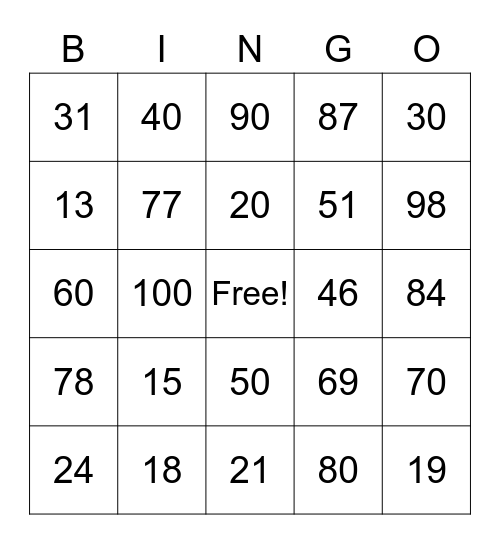 Chinese numbers Bingo Card