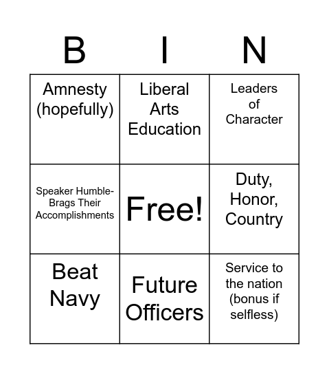 Thayer Dinner Bingo Card