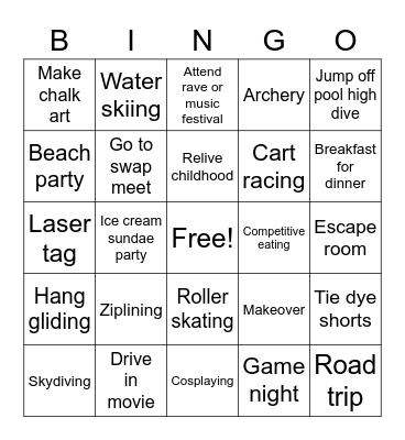 Bucket List Bingo Card