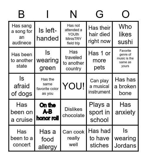 YOUth MinisTRY Bingo Card