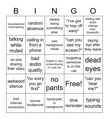 Virtual Meetings Bingo Card