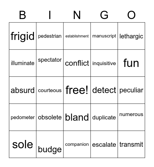 Vocabulary Bingo Weeks 1-4 Bingo Card