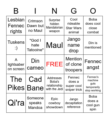Book of Boba Fett Bingo Card