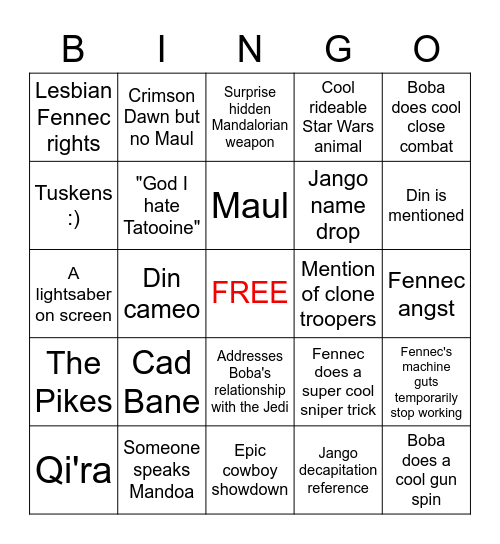 Book of Boba Fett Bingo Card