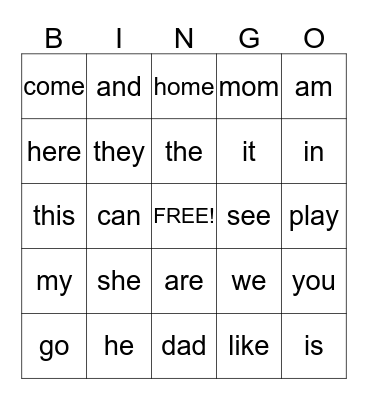 Sight Words Bingo Card