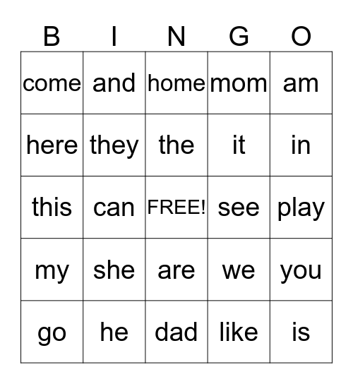 Sight Words Bingo Card