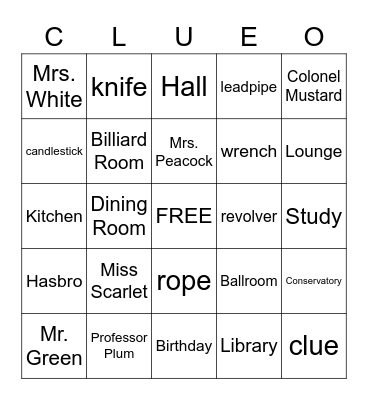 Game of Clue BINGO Card