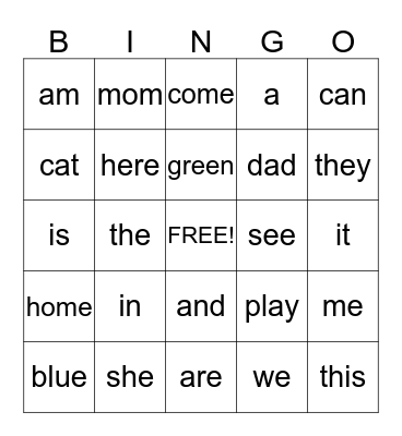 Sight Words Bingo Card