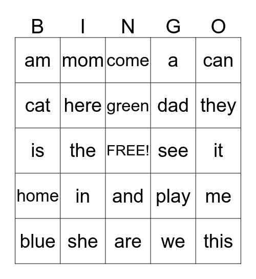 Sight Words Bingo Card