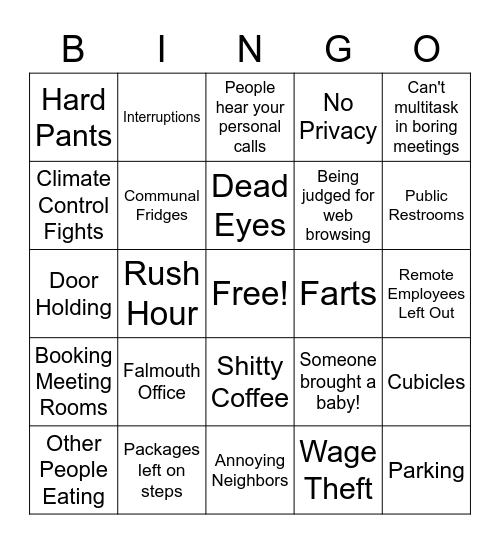Commuting Bingo Card