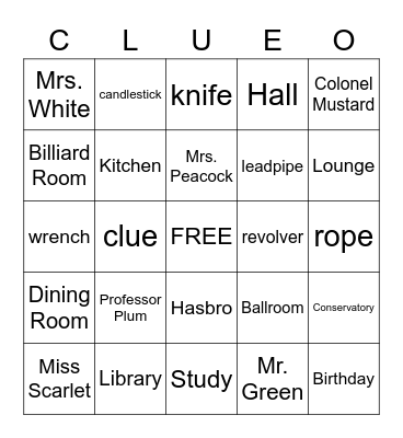 Game of Clue BINGO Card