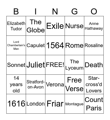 Romeo and Juliet Bingo Card