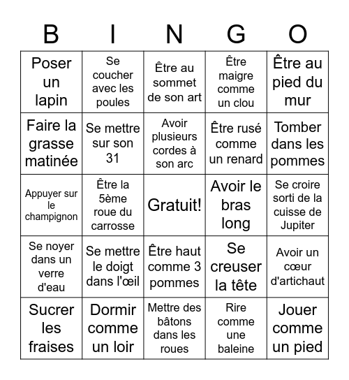 Expressions Idiomatiques Bingo Card