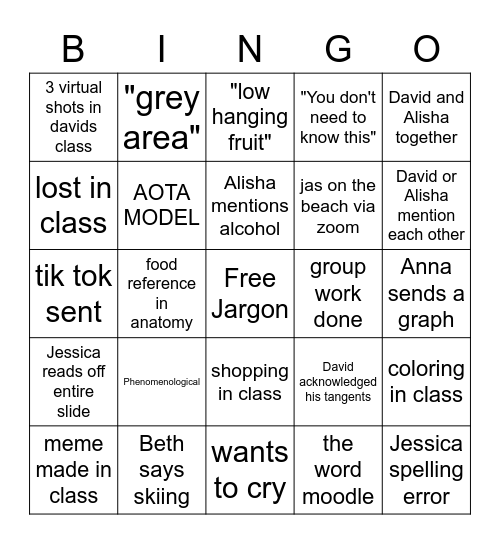 Clarkson OT Bingo Card