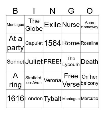 Romeo and Juliet Bingo Card