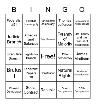 Foundations of American Government Bingo Card