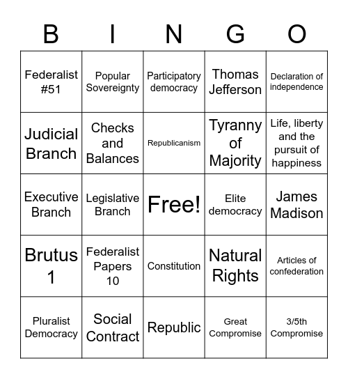 Foundations of American Government Bingo Card