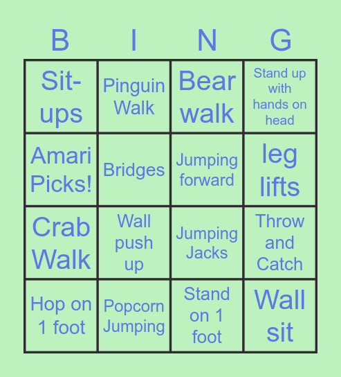 Amari's workout Bingo Card