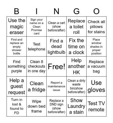 HOUSEKEEPING BINGO!  Take pictures of your work!  Must complete ALL squares. Bingo Card