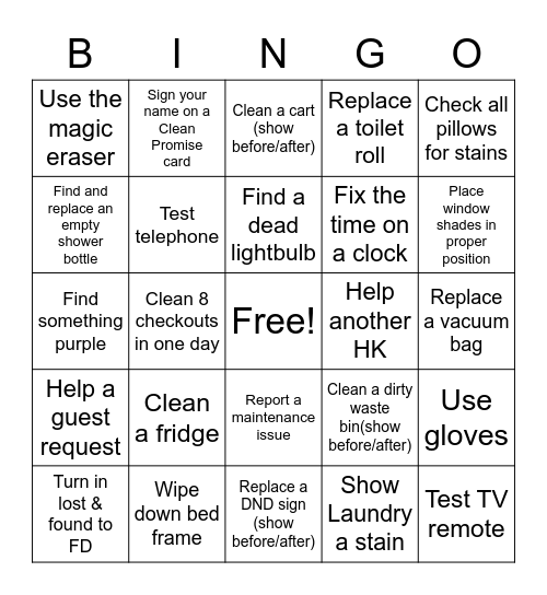 HOUSEKEEPING BINGO!  Take pictures of your work!  Must complete ALL squares. Bingo Card