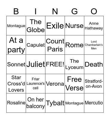 Romeo and Juliet Bingo Card