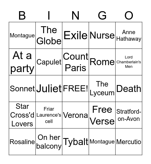 Romeo and Juliet Bingo Card