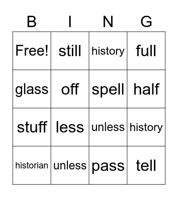 Week 1 Spelling Bingo Card