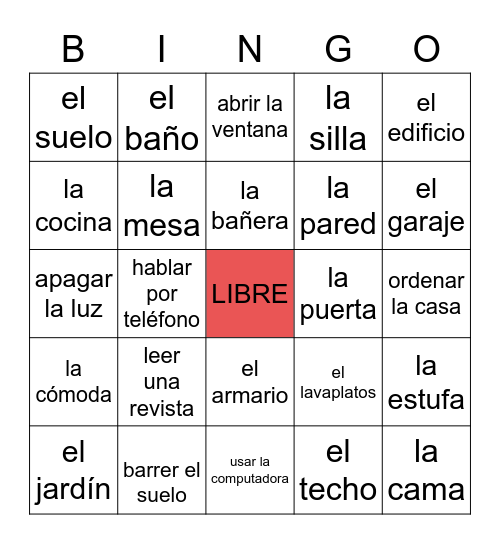 La casa y las actividades Bingo Card