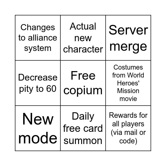 MHA:TGH Bingo Card