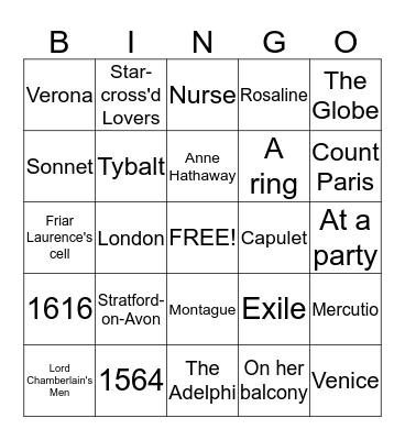 Romeo and Juliet Bingo Card