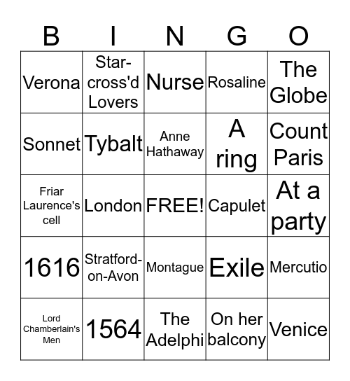 Romeo and Juliet Bingo Card