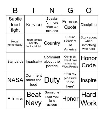 Thayer Dinner Bingo Card
