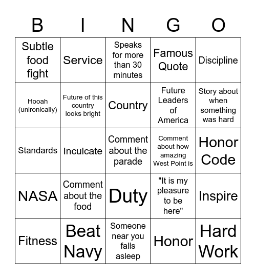 Thayer Dinner Bingo Card